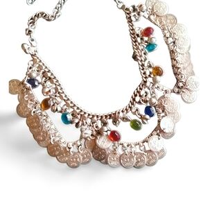 Boho blue, red and silver coin bib necklace